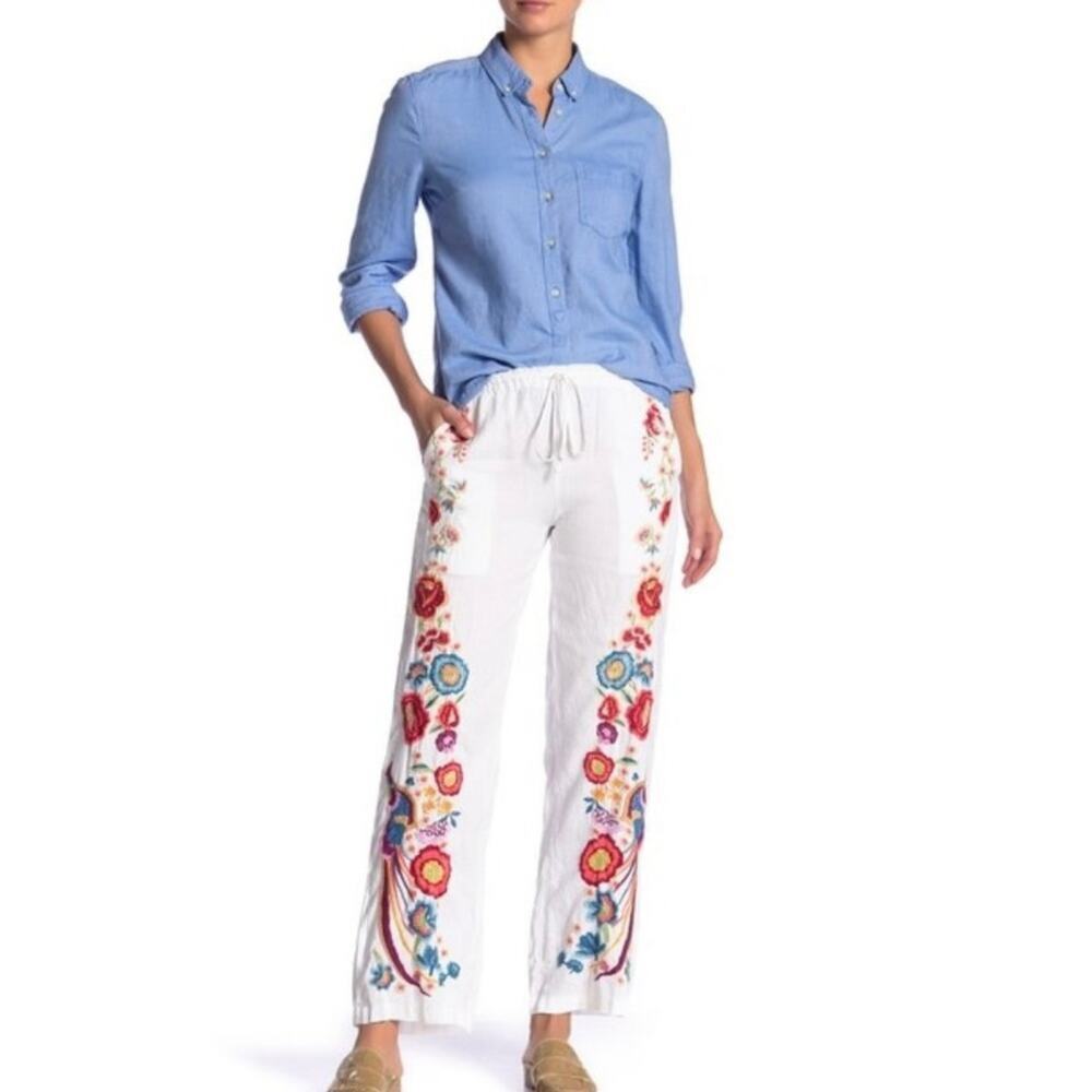 Johnny Was Briyah Pants Embroidered Florals Linen In White Size Medium